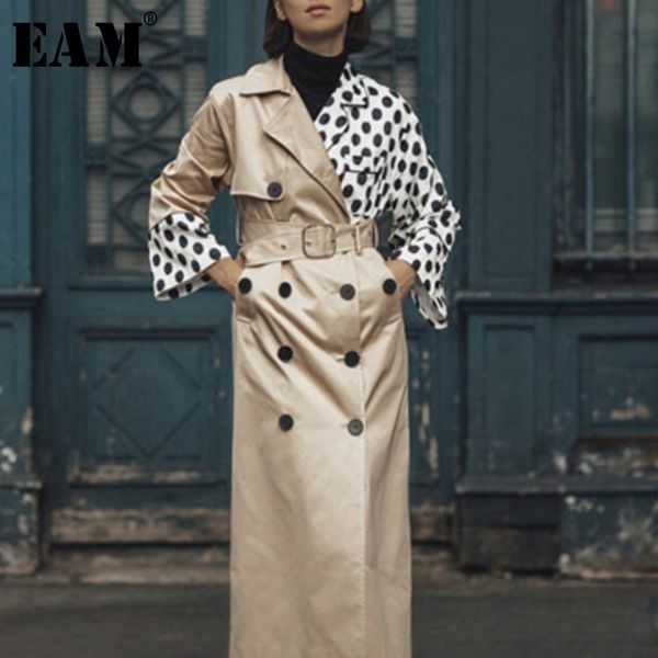 

eam] women khaki dot print split trench new lapel long sleeve loose fit windbreaker fashion tide autumn winter 2019 oa7010, Tan;black