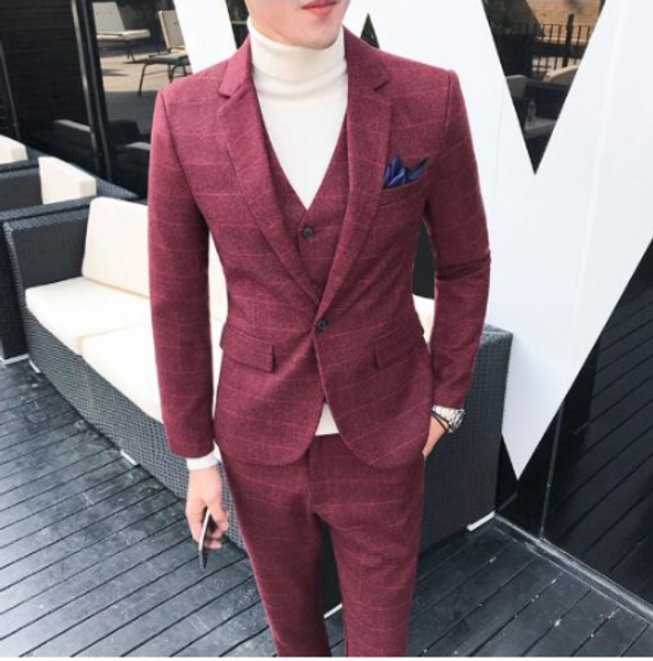 

3 pieces 2019 suits men british new style designs royal blue mens suit autumn winter thick slim fit plaid wedding dress tuxedos, White;black