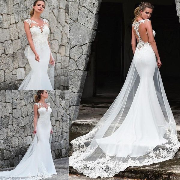 

элегантные аппликации длинные белые 2019 современная принцесса романтическая прозрачная рукава русалка свадебные платья кружева атласная сва, White