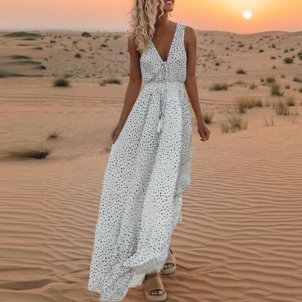 

2019 lady fashion casual women v neck polka dot full length bohemian tunic dress plus size, Black;gray
