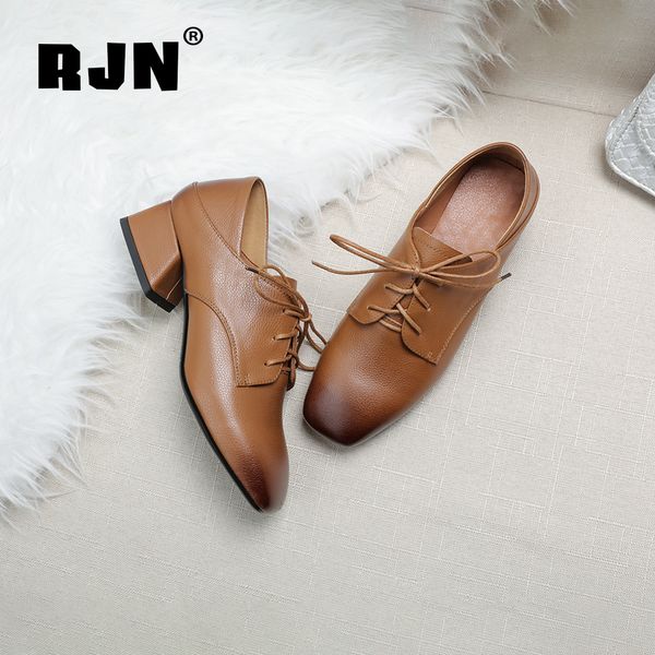 

rjn elegant women pumps cow leather comfortable square toe med heel lace-up stylish ladies cow muscle shoes ro33, Black