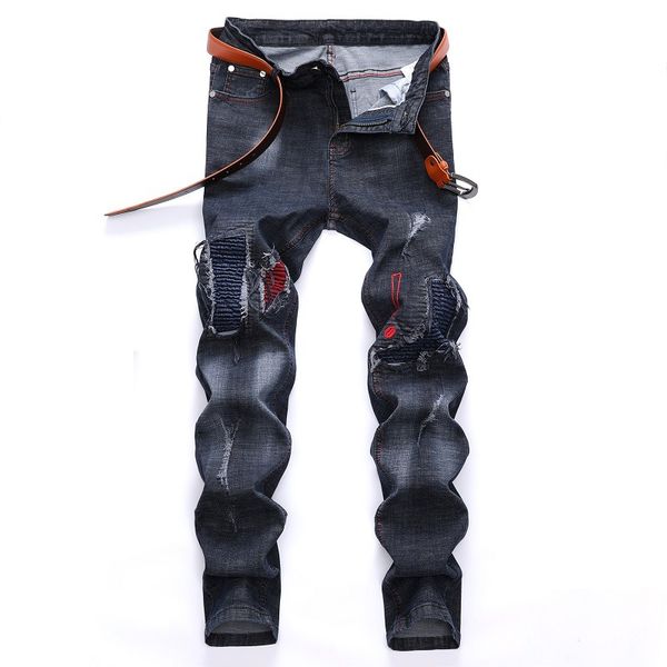 

el barco pleated ripped holes hip hop men jeans cotton patches streetwear slim blue denim pants soft black grey male trousers