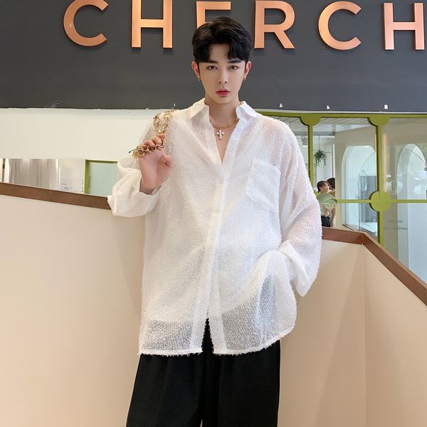 

male streetwear hip hop vintage party dress shirt men see through long sleeve loose tassel casual shirt oversize stage costumes, White;black