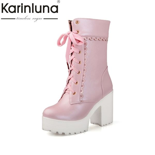 

karin 2018 spring and autumn lace-up sweet platform ankle boots floral border high square heel women shoes big size 33-42, Black