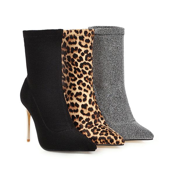 

2020 women 10cm high heels fetish sock boots plus size 12 stretch stiletto combat pleaser ankle boots leopard stripper shoes, Black