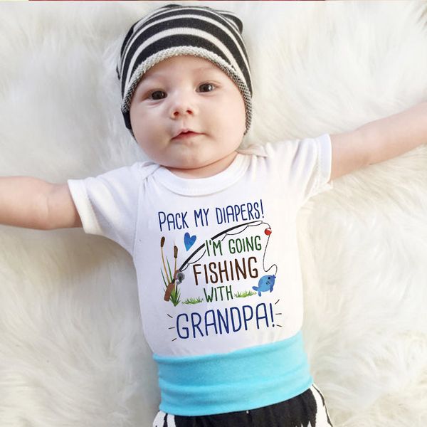 

newborn boy girl short sleeve letter print pack my i' going fishing with grandpa romper outfits baby clothes toddler onesie, Blue