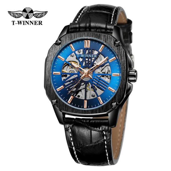 

winner mens automatic business watch black blue hollow skeleton leather mechanical wristwatches relogio, Slivery;brown