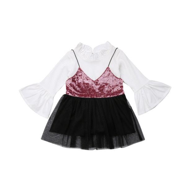 

pudcoco toddler baby girl set outfit long sleeve shirt braces skirt party wedding dress, White
