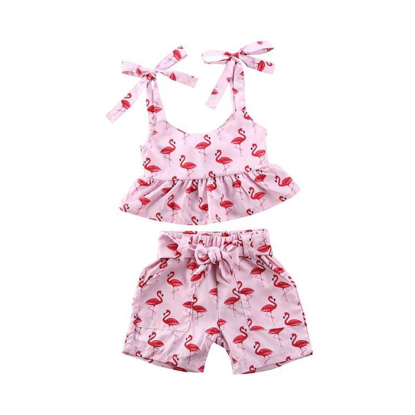 

2020 baby summer clothing flamingo newborn infant baby girls clothes vest shorts headband 3pcs outit set, White