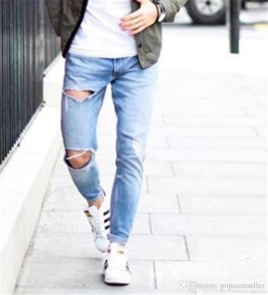 

мужские дизайнерские джинсы горячие продажи рваные брюки колена маленькие джинсы ноги мужские новые прямые джинсы мужская одежда, Blue