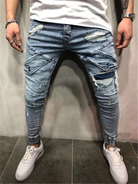 

vogue washed mens designer jeans spring new light blue ripped pockets fashion capris jean pants