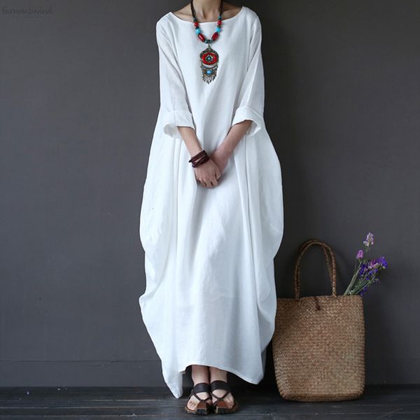 

cotton linen long maxi dress women spring summer loose plus size big hem boho white dresses three quarter sleeve 5xl, Black;gray