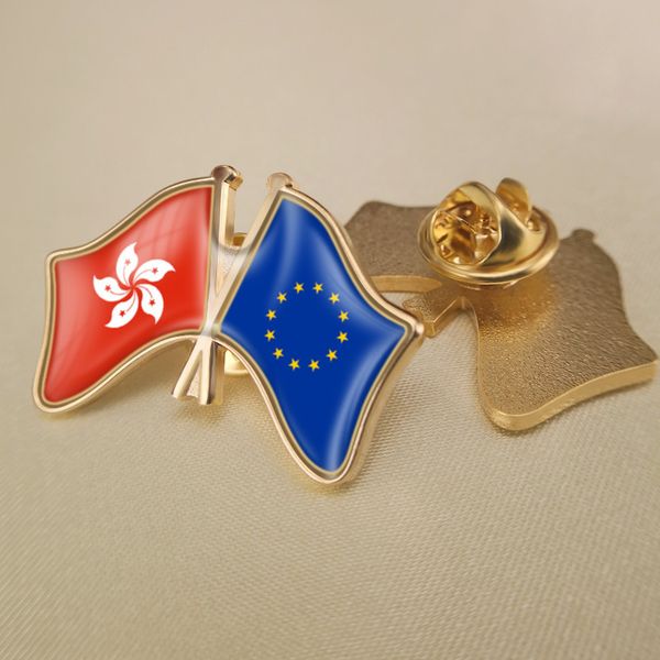 

european union and hongkong crossed double friendship flags lapel pins, Gray