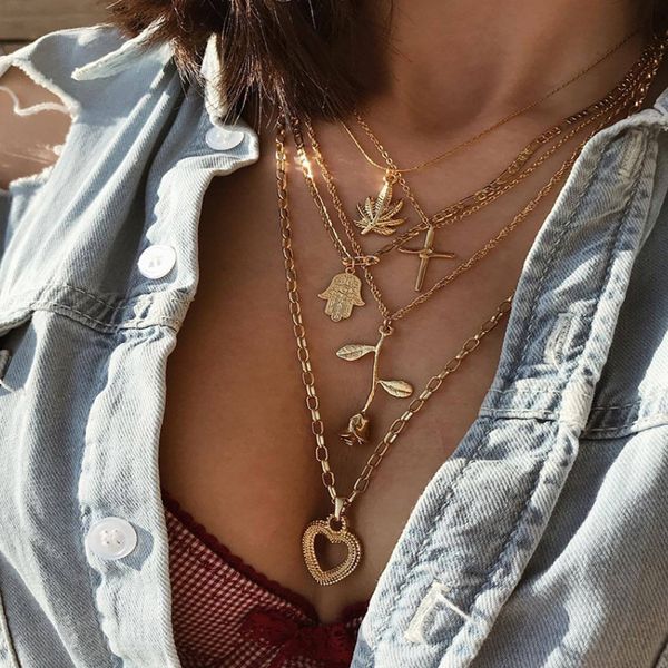 

hwasy1804 jewelry vintage coconut cross accessories hollow peach heart exaggeration rose multi-layer necklace ing, Silver