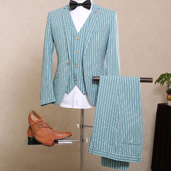 Açık Mavi Pinstripe Damat Düğün Smokin Slim Fit Çentik Yaka Erkek Üç Adet Balo Pantolon Yüksek Kalite Custom Made Ceket Suits