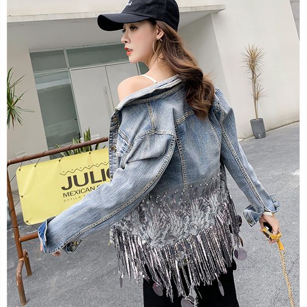 

real sfashion slim stitching sequins denim jacket 2019 spring tassel sequins slim stretch long-sleeved denim jacket short, Black;brown