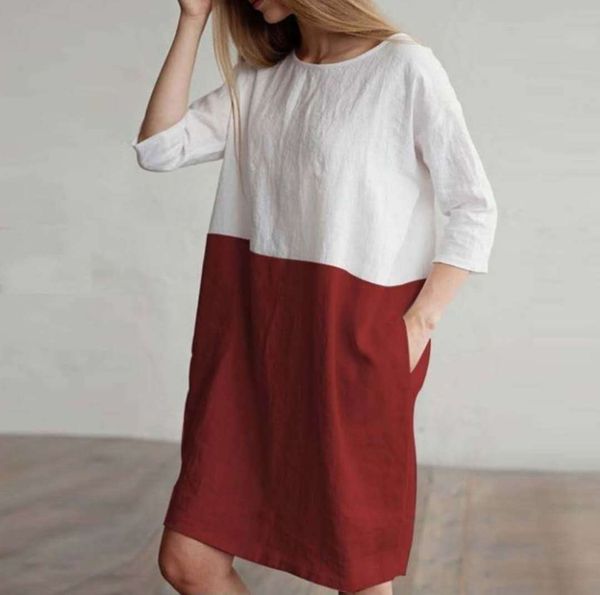 

women shirt plus size dresses cotton and linen three quarter sleeve new summer casual style dress, Black;gray