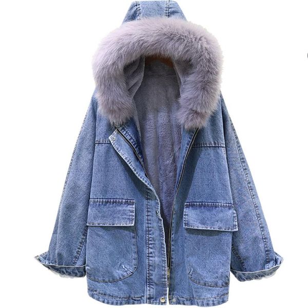 

new fashion warm women winter thick detachable denim jacket coat fur collar coat, Black