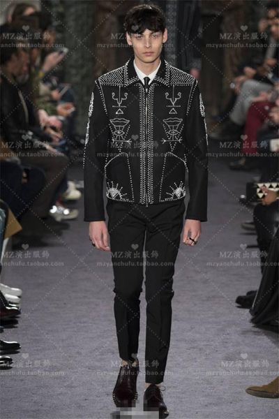 

newspring denim heavy work beaded parquet male black white contrast color slim catwalk shiny jacket nightclub bar dj male singer, Black;brown