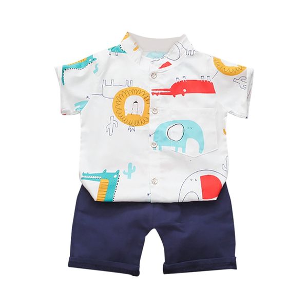 

2pcs / комплект baby boy summer смазливая мультфильм шаблон с коротким рукавом хлопок топ + твердые детские наборы брюки дети повседневный g, White