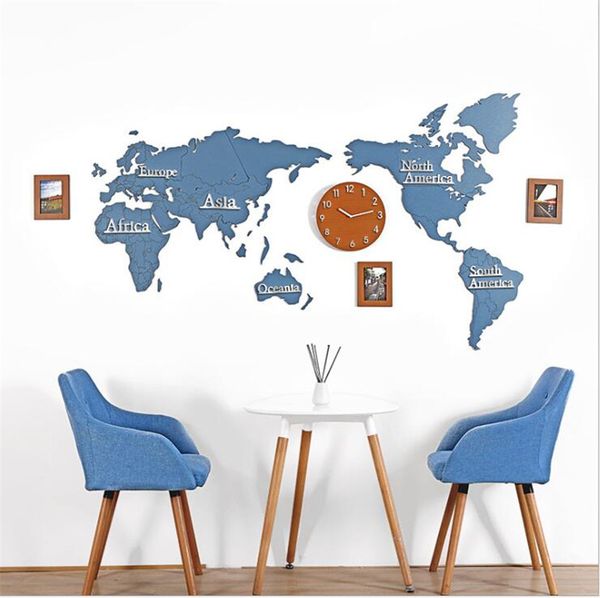 Criativa de madeira World Map Relógio de parede 3 Foto quadro 3D Map Home Decor Sala Relógio de parede Modern Mudo DIY Espelho relógios de madeira