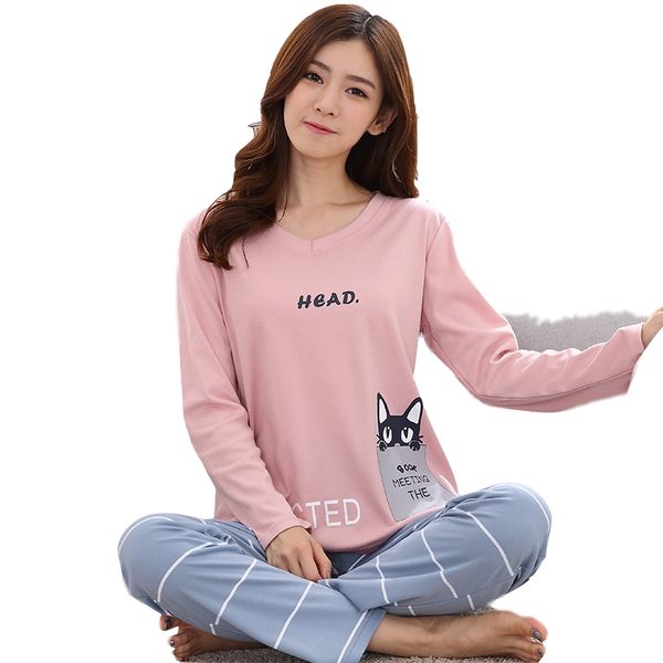 

2018 new girl long sleeved pajamas autumn women nightwear ladies sleepwear suit cartoon lovely suit student cute home clothes, Blue;gray