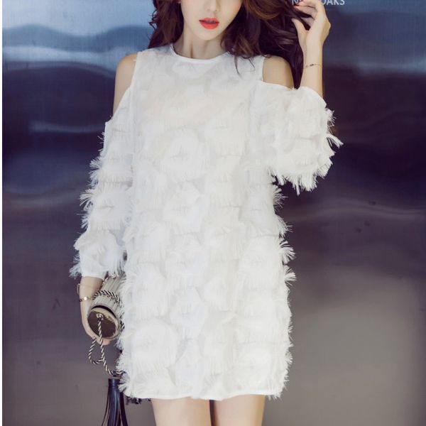 

[ewq] 2020 summer new sweet three quarter sleeve off shoulder dress women elegant korea loose white tassel dresses qx169, Black;gray