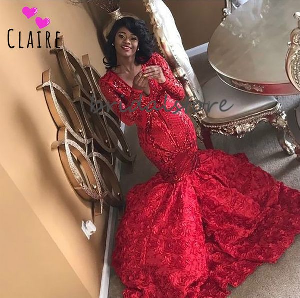 

black girls mermaid prom dresses spark bling sequins prom dress with 3d florals red v neck long sleeve elegant formal evening gowns 2020