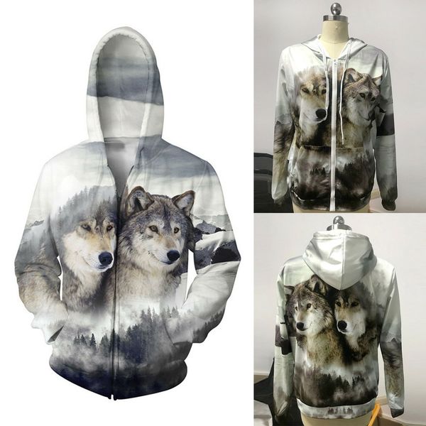 

2019 new mens womens 3d wolf animal print zip up hoodie jacket coat casual sweatshirt pullover sweater coat a586, Black
