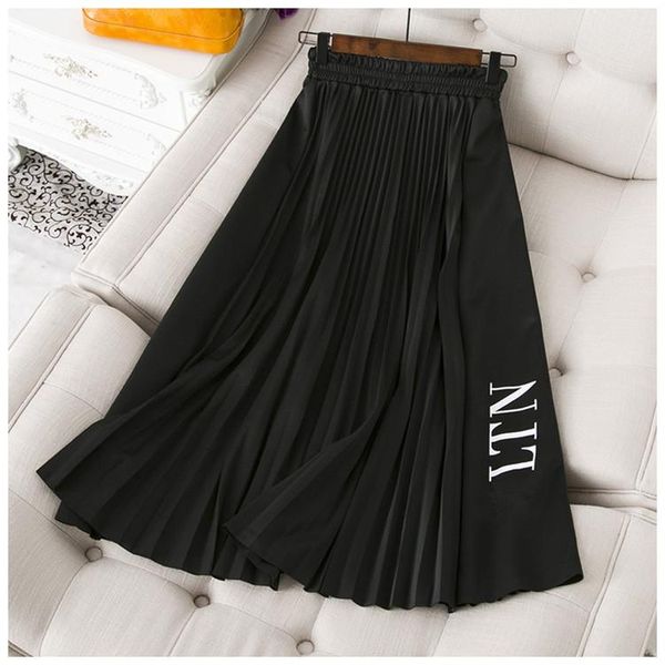 

2020 new design women's high elastic waist pleated big expansion maxi long skirt letter print plus size skirt s m l xl, Black