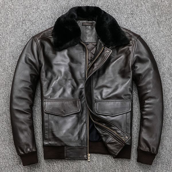

plus cotton thick genuine leather jacket men fur collar g1 flight suit bomber jacket sheepskin winter leather coat, Black