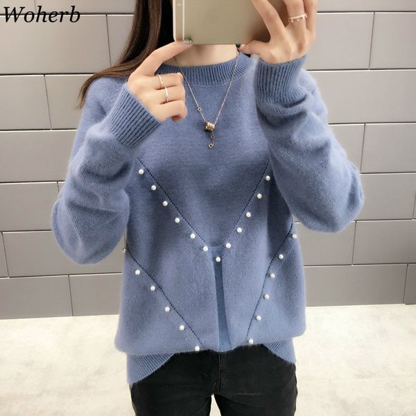 

woherb осень зима женщины elegant бисероплетение свитер 2019 o-образным вырезом пуловер перемычка корейские повседневный теплые донные свите, White;black