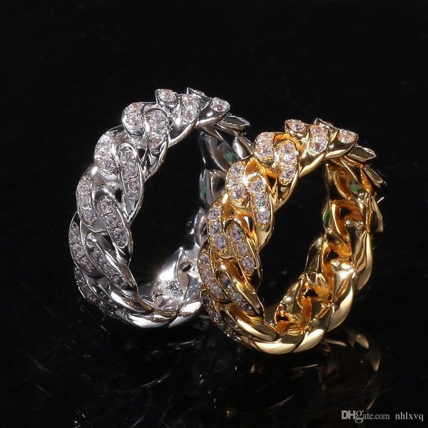 

2019 mens iced out cz кубический цирконий золото хип-хоп кубинская цепь кольцо группа 8 мм полный алмаз дизайнер роскошный клуб рэпер ювелир, Silver