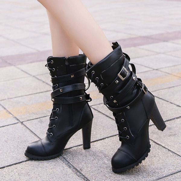 

high heels boots women ladies buckle strap rivet gothic shoes black boots mid-calf motorcycle leather women shoes #0829