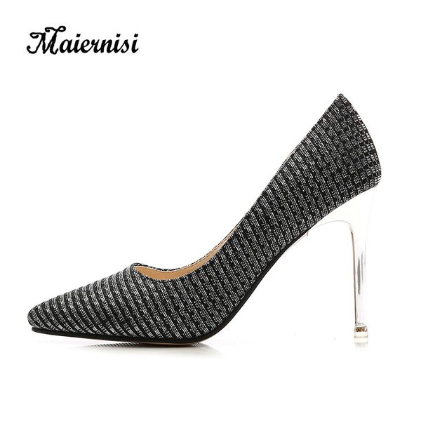 

maiernisi women's pumps fashion sequined cloth female high heel shoes bling skirt stilettos black color big size shoes womens