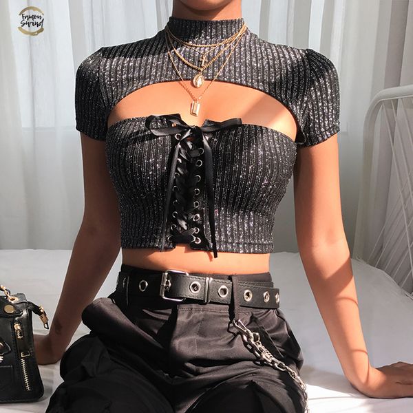 

women casual short sleeve glitter t shirt women bandage elegant t shirt ladies hollow out crop summer party, White