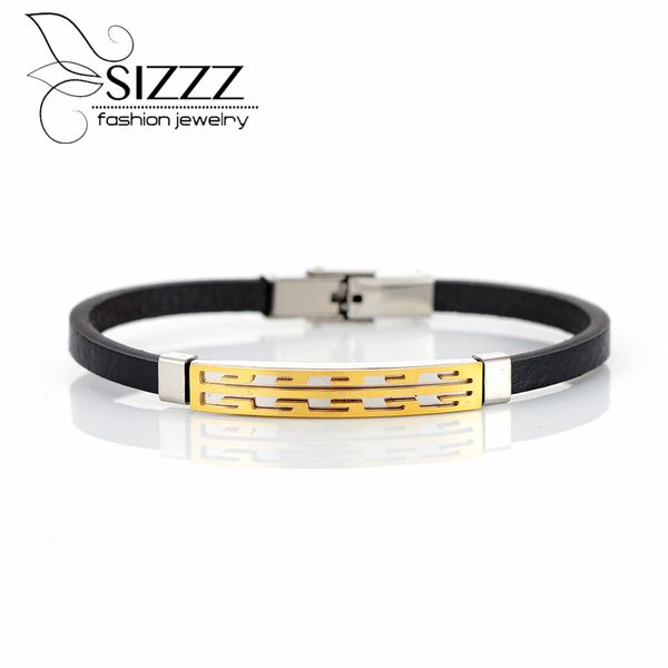 

2019 21.3cm long leather stainless steel bracelet europe and the united states popular bracelet&bangles for men, Golden;silver