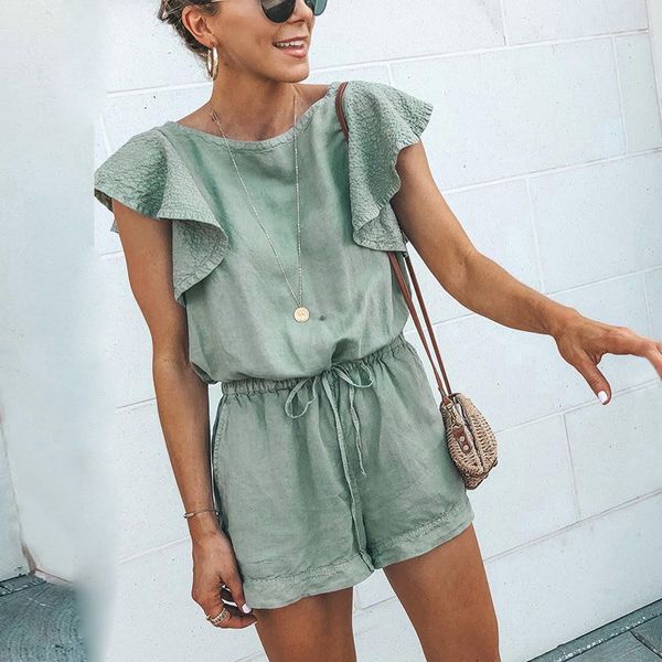 

women's jumpsuits & rompers summer women green ruffles sleeve lace up pockets overalls short playsuits casual loose harajuku streetwear, Black;white