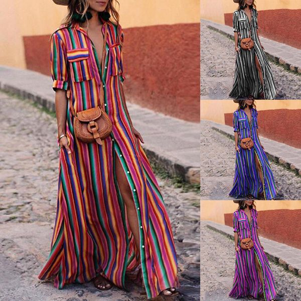 

striped button v-neck maxi dress casual loose bohemian beach long dress women summer 2019 ladies plus size shirt dresses, Black;gray