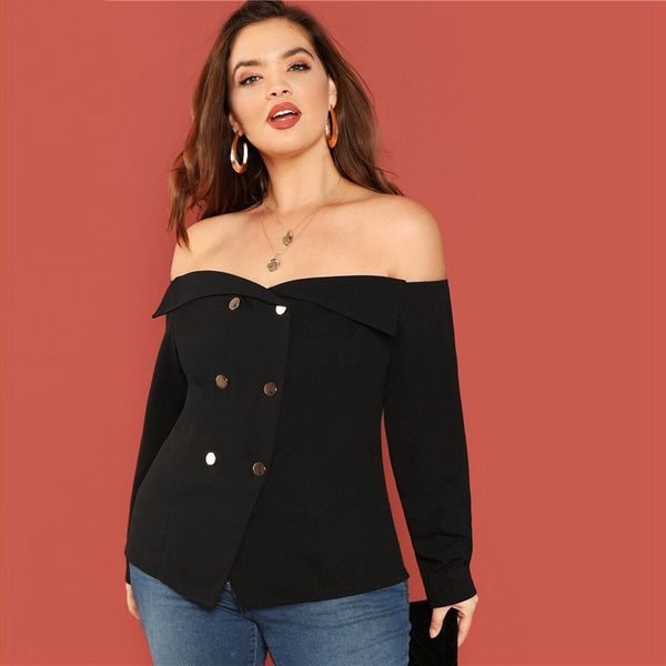 

women blouse women black off the shoulder long sleeve button detail women blouse fashion slim fit slash neck blouse, White