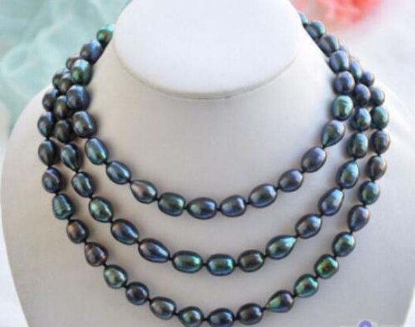 

9-10mm tahitian black natural pearl necklace 48 ", Silver