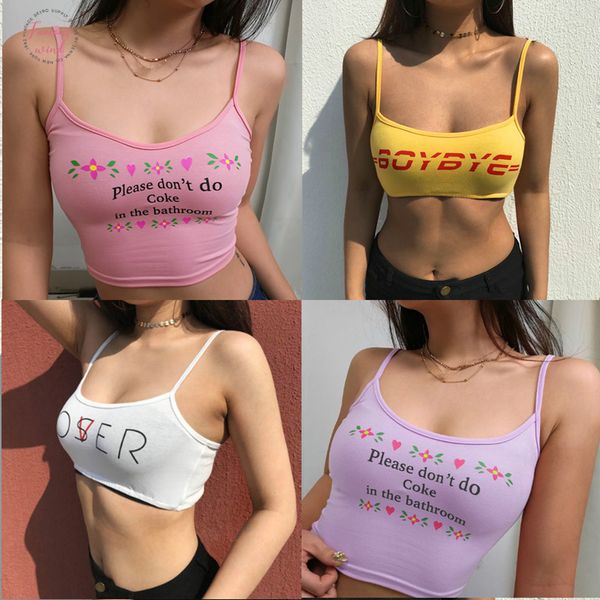 

2019 women strappy cotton letter print tank vest summer short crop camis tees ladies, White