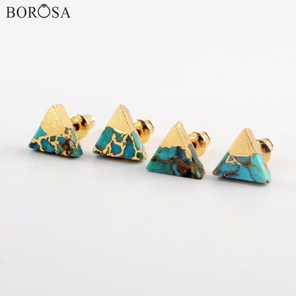 

borosa gold plating 8mm natural turquoises stud earrings with gold veins triangle geometric earrings for women jewelry g1983, Golden;silver