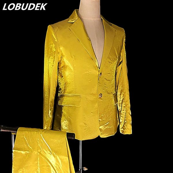 

new male singer dj costume solid gold satin blazers pants 2 pieces stage suits bar nightclub concert host suit fashion outfit, White;black