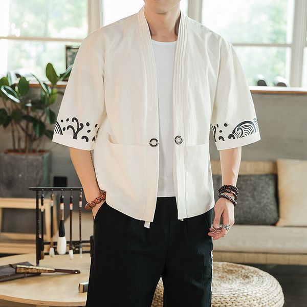 

2019 vintage jacket men chinese style short sleeve kimono jackets coat casual loose open stitch cotton linen male jackets, Black;brown