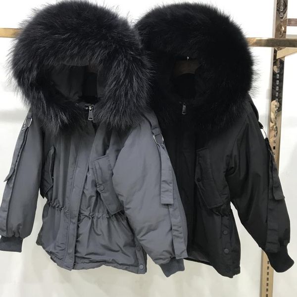 

large real raccoon fur 2019 women winter jacket hooded warm female white duck down jacket medium long parkas loose women coat, Black