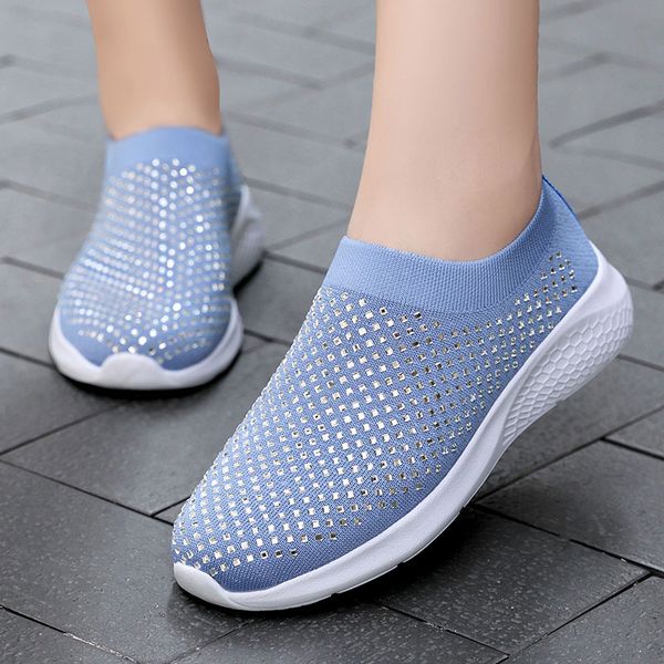 

2020 autumn women sneakers vulcanized walking shoes bling casual flats socks comfort rhinestone ladies plus size woman fashion, Black
