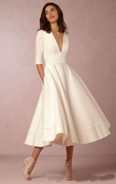 

Sexy Deep V-Neck Seeve Prom Dresses 2019 Newest High-end sexy Tea-Length Half Sleeve party dress hot style long dress Custom Made