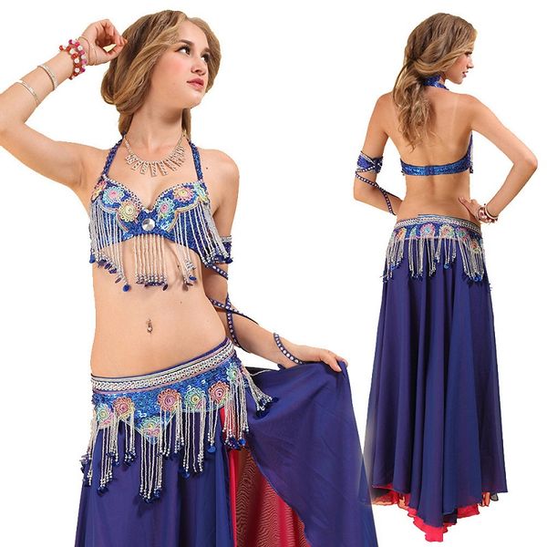 

new women belly dance costume female national dancer stage performance clothes blue tassels bra + belt +skirt sets, Black;red