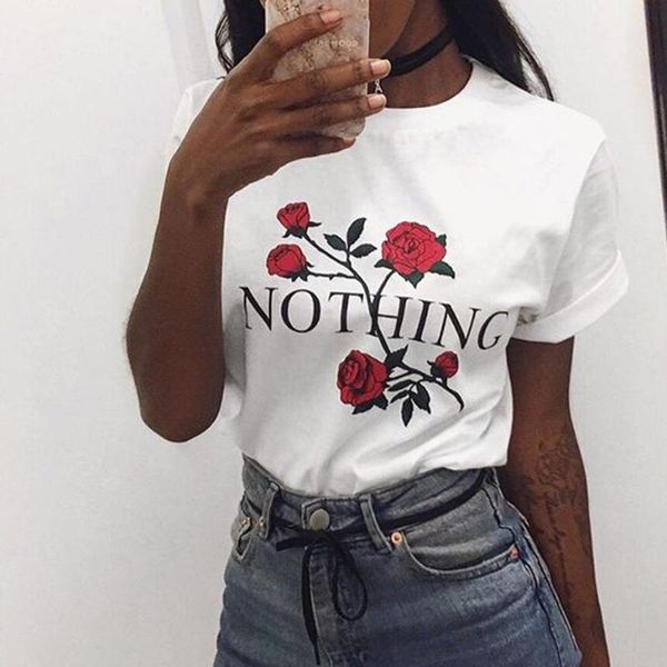 

women fashion letter rose print female t shirt harajuku graphic t-shirts female summer short sleeve casual clothing punk, White